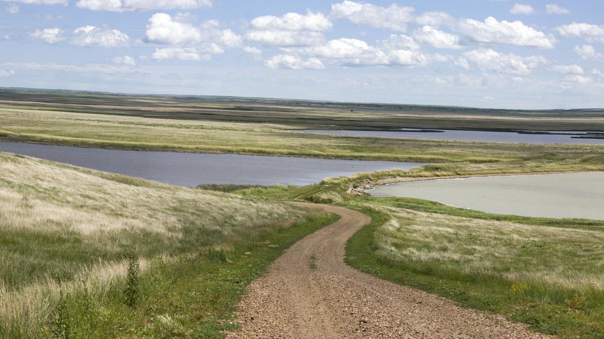 Dirt road winding down a grassy hillside toward two small lakes on open prairie under a partly cloudy sky